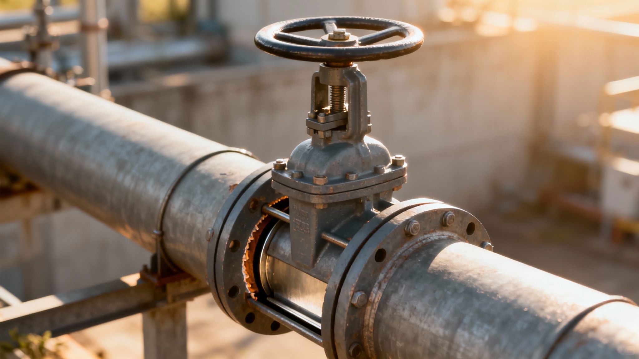 A close-up of a sturdy industrial gate valve on a large metal pipeline outdoors.