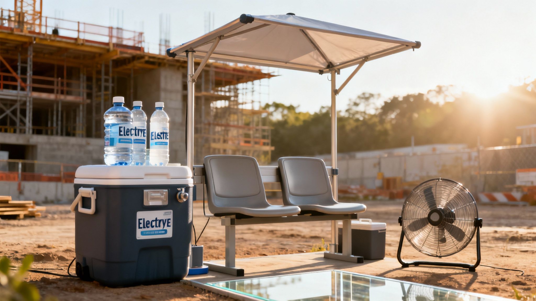 A shaded rest area at a sunny construction site with a cooler, water bottles, chairs, and a fan.