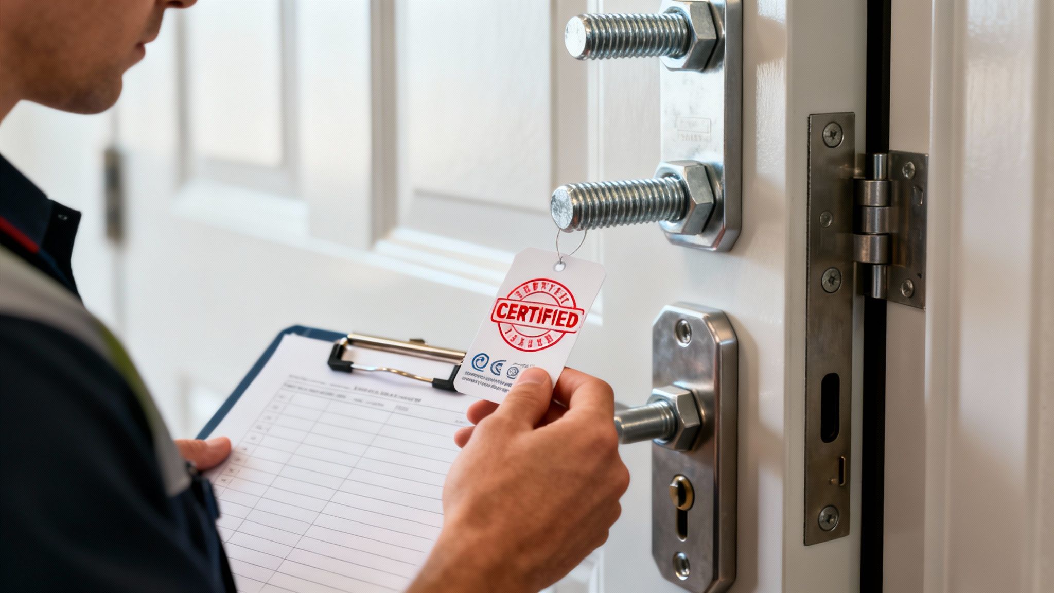 A person holding a 'Certified' tag and clipboard, inspecting heavy-duty door hardware.