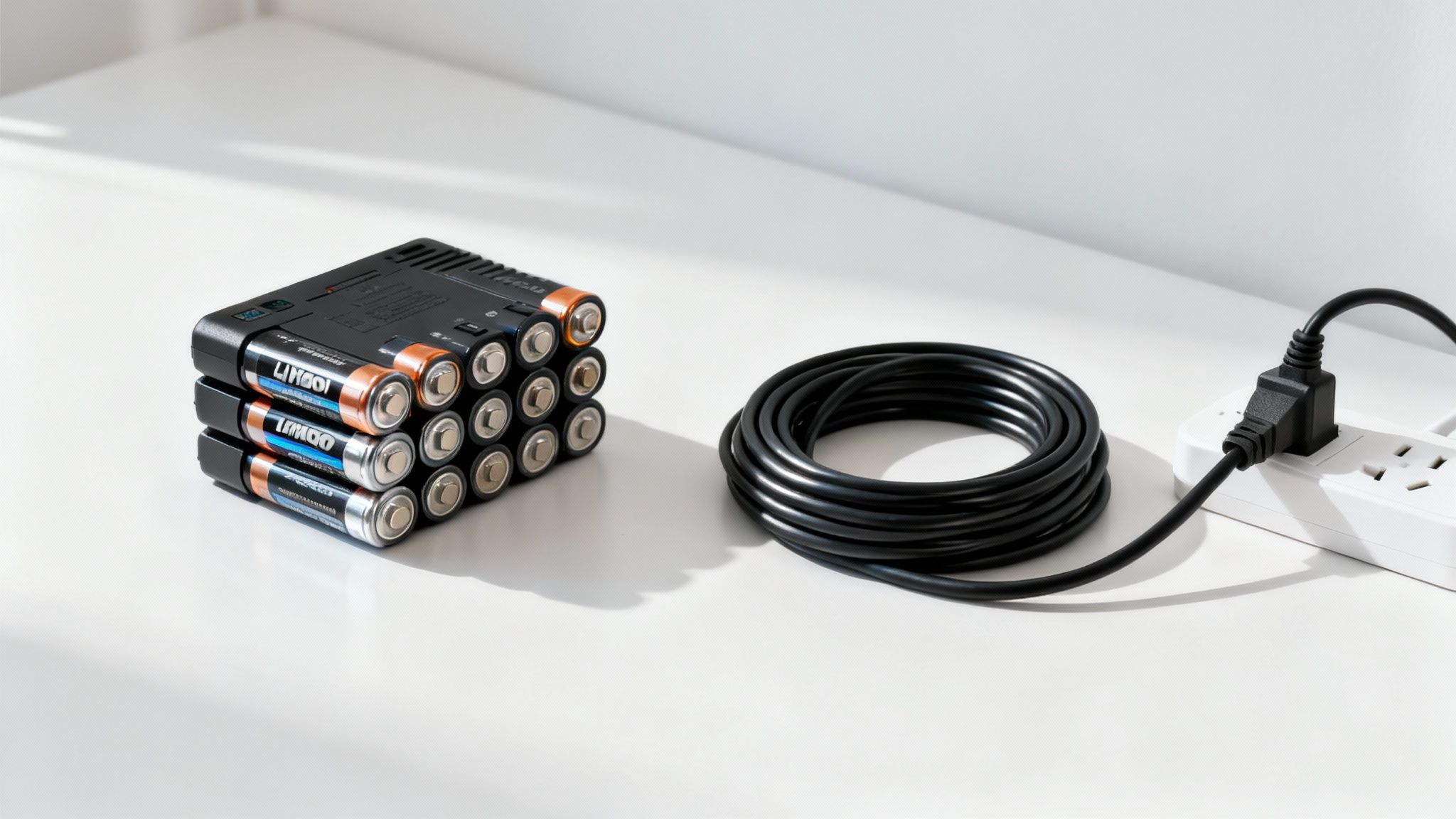 A collection of high-capacity batteries and chargers, representing a modern cordless tool ecosystem.