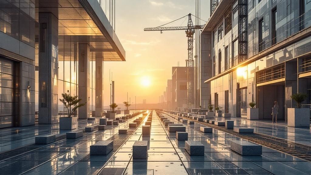 A modern, sustainable building with green walls and solar panels, reflecting a bright future.