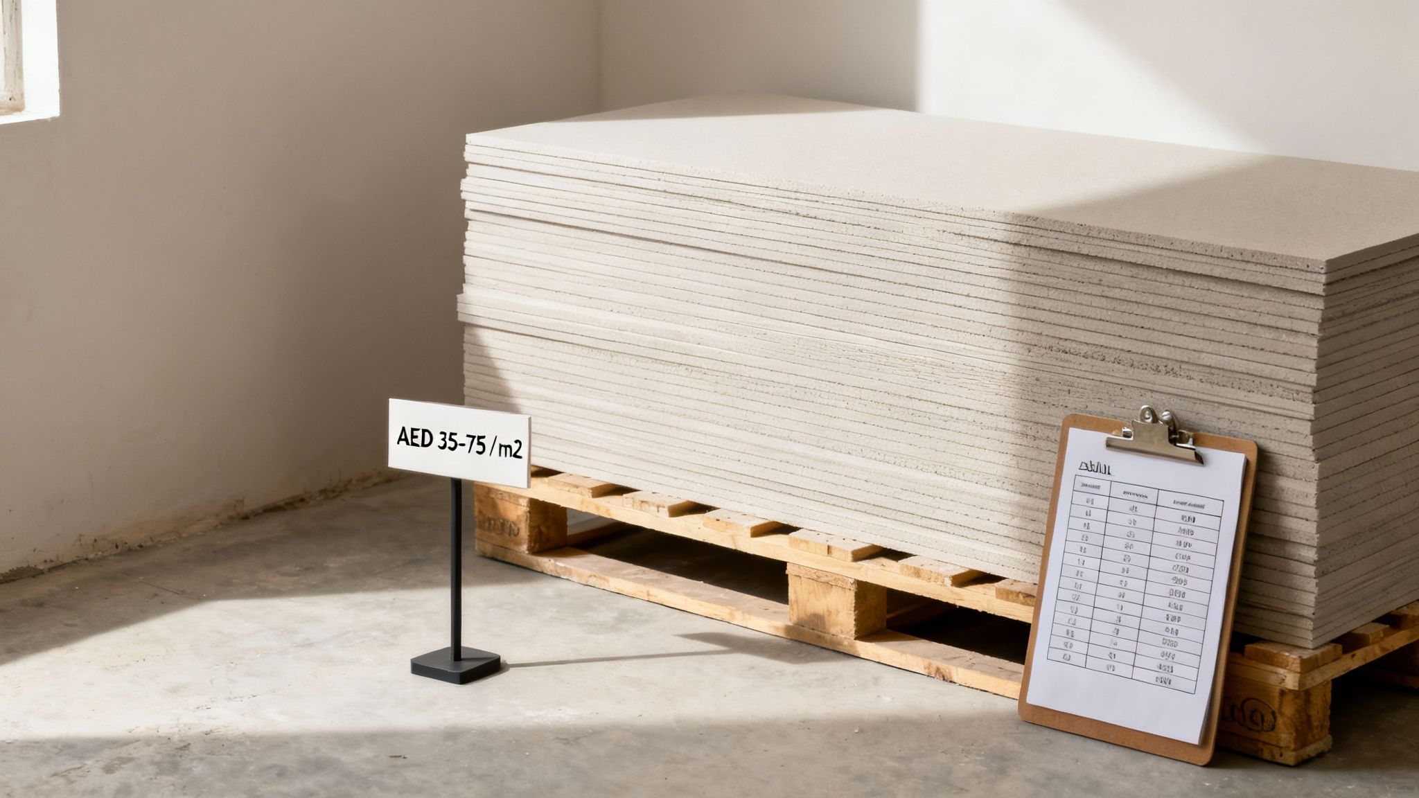 Large stack of gypsum boards on a wooden pallet with a price sign indicating cost per m2.