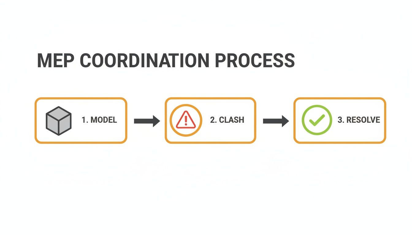 A diagram illustrating the MEP coordination process with three steps: model, clash, and resolve.