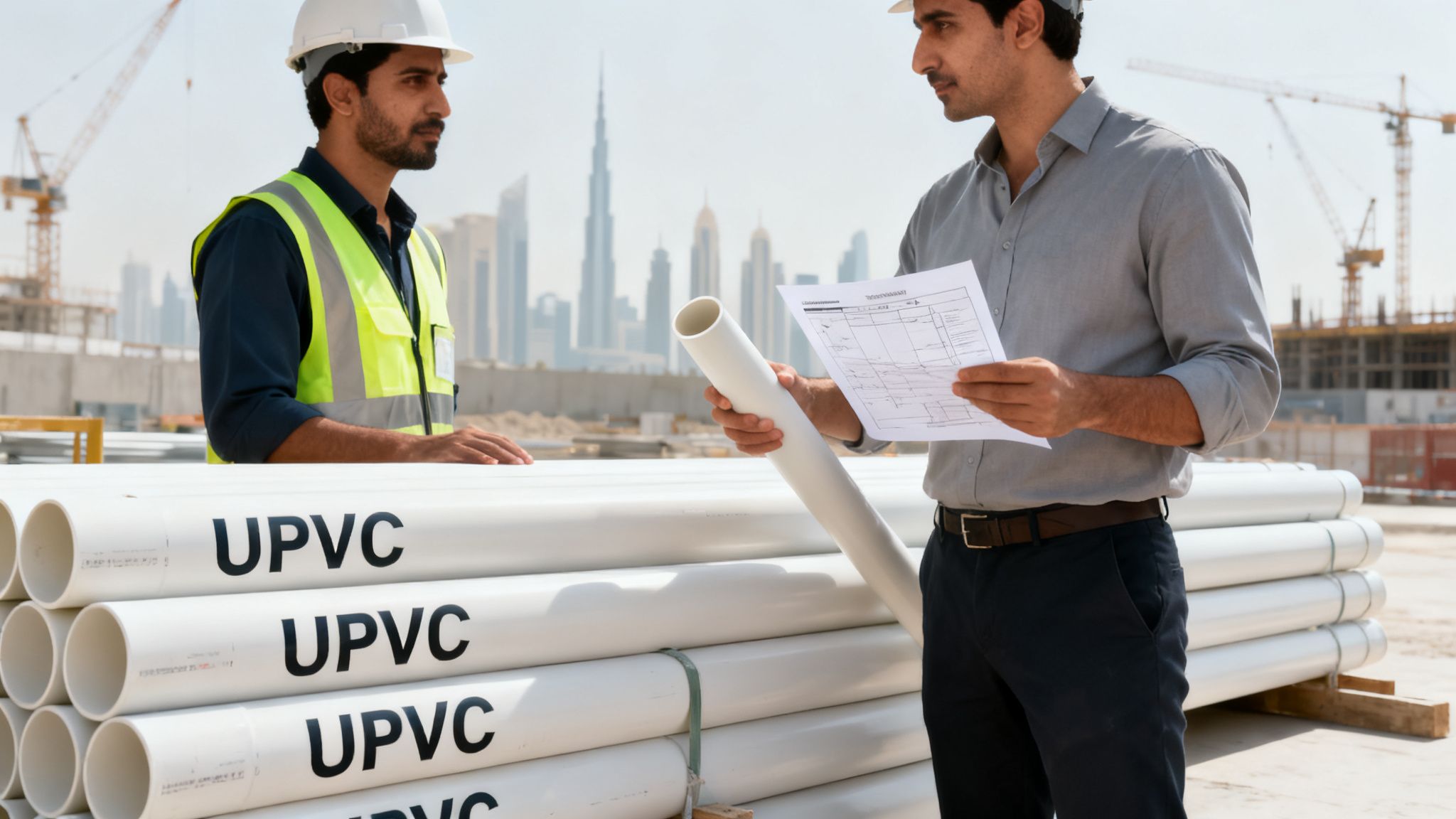 Two engineers review plans and inspect UPVC pipes on a busy construction site with a city skyline.