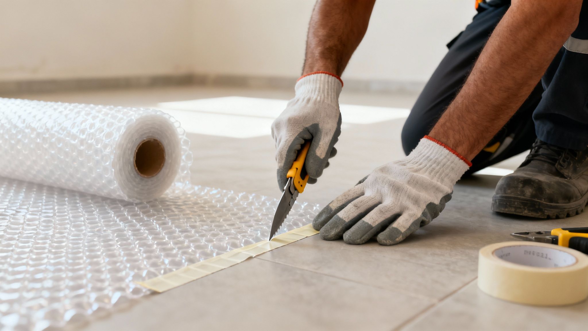 A person in work gloves uses a utility knife to cut tape near a roll of bubble wrap.