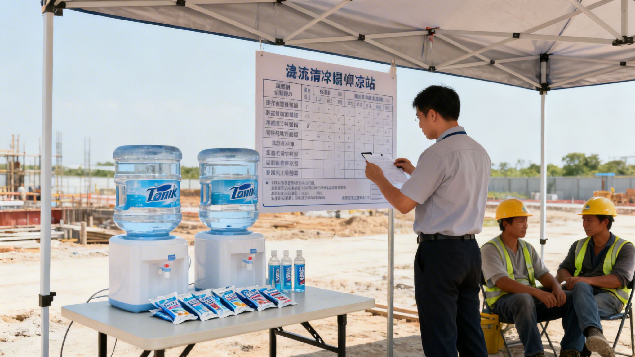 Supervisor reviews a chart while construction workers hydrate at a site's cooling station.