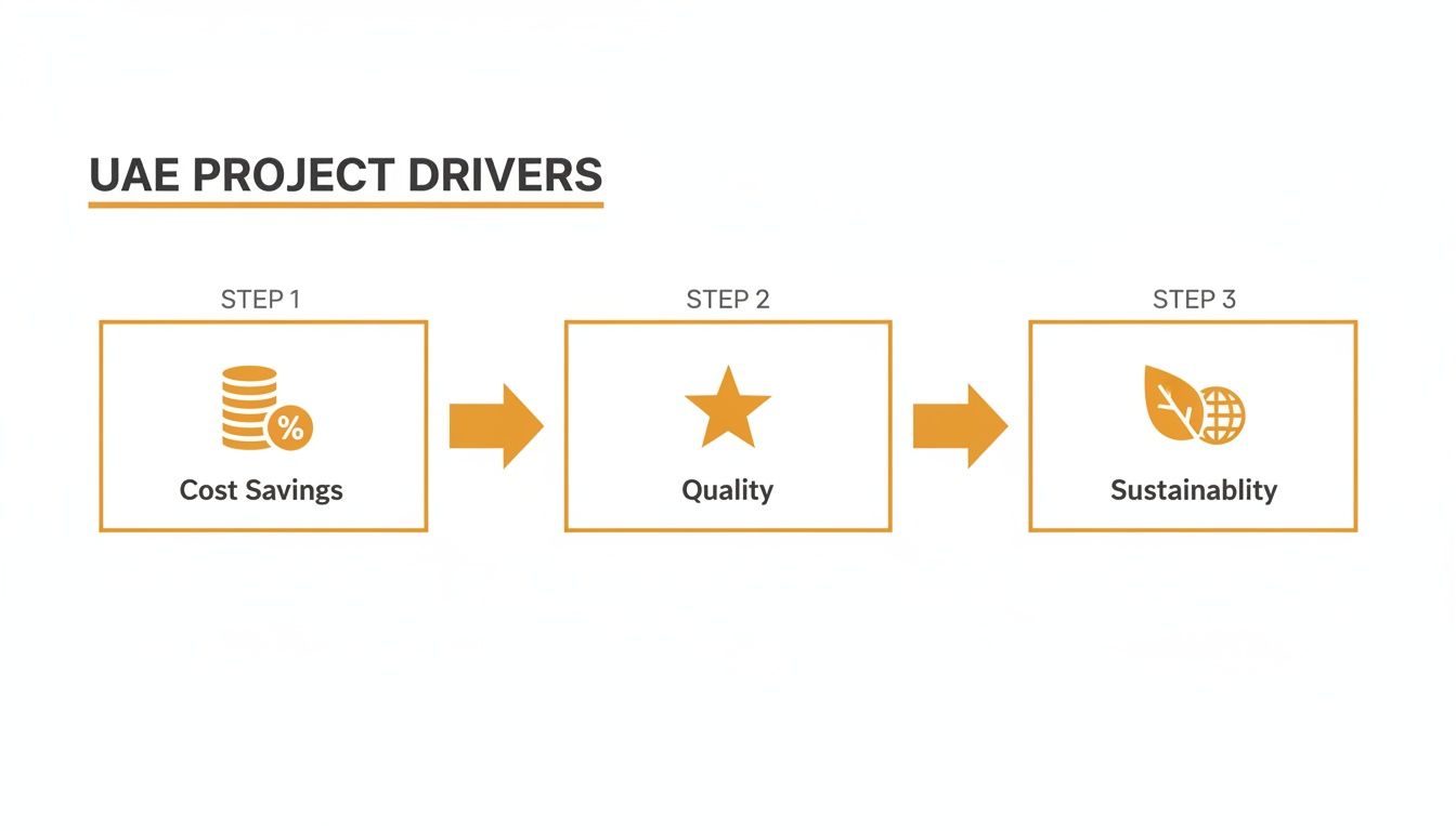 A flowchart illustrating UAE project drivers: Step 1 Cost Savings, Step 2 Quality, and Step 3 Sustainability.