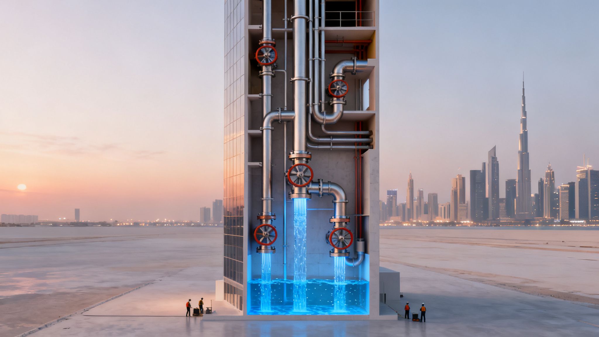 Industrial building cross-section with high-pressure plumbing, valves, and glowing water flowing into a reservoir.