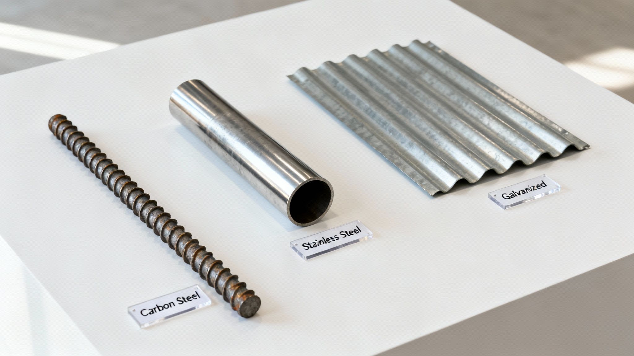 Three steel samples: carbon rebar, stainless steel pipe, and galvanized corrugated sheet on a white table.