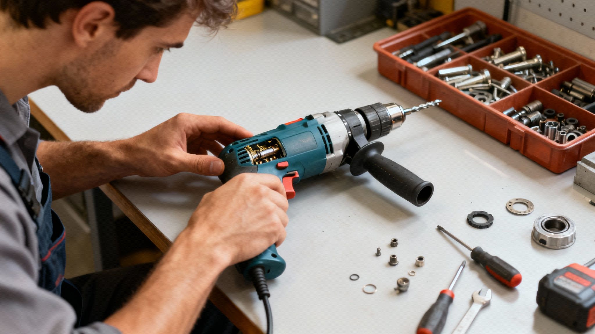 A technician carefully repairing a power tool at a well-organised service workbench.