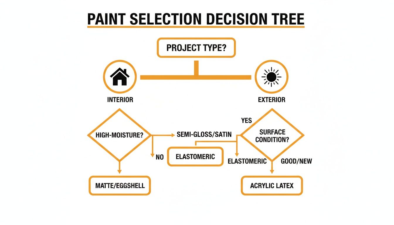 A flowchart titled 'Paint Selection Decision Tree' helps choose paint based on project type, moisture, and surface condition.
