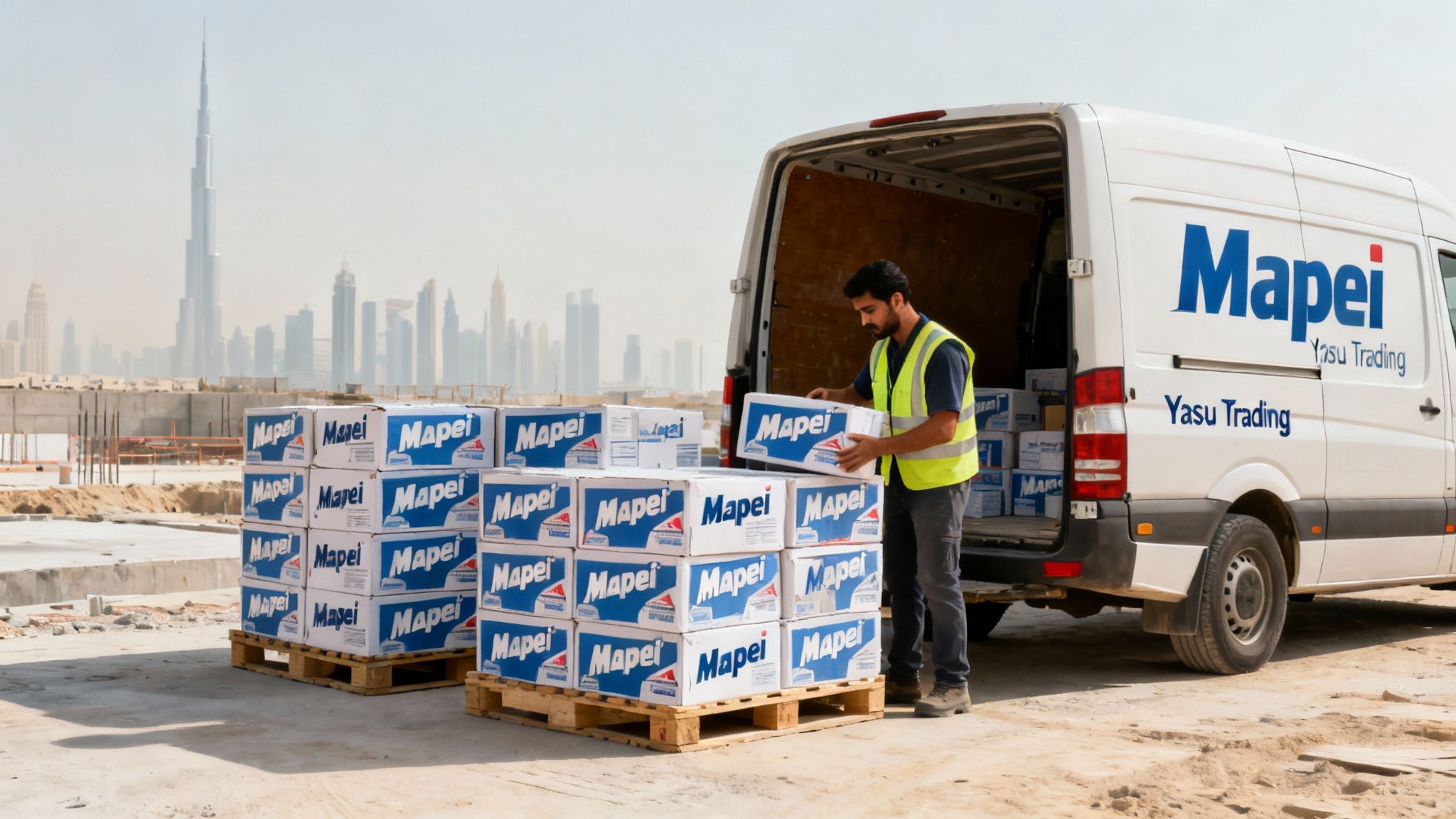 Worker loading Mapei tile glue boxes from a van at a Dubai construction site.
