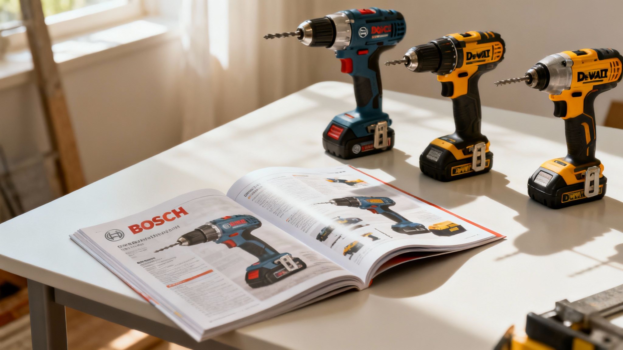 A worker examining a selection of power tools on a shelf, representing the process of analyzing a supplier's product catalog.