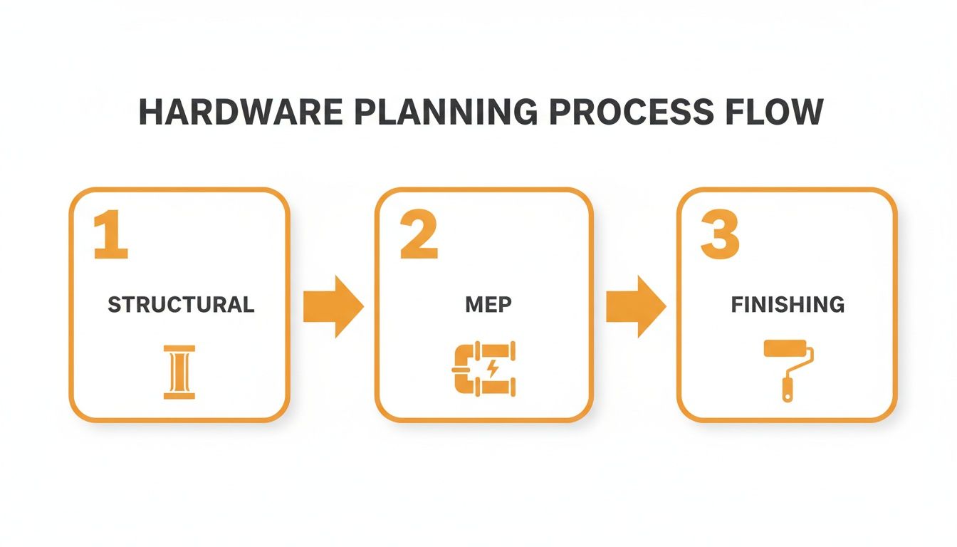 Hardware planning process flow diagram showing three key steps: Structural, MEP, and Finishing, with icons.
