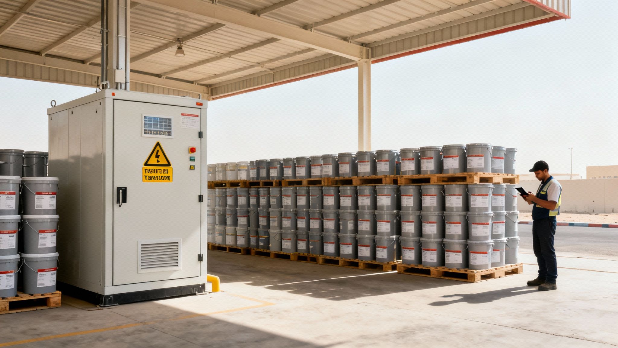 Worker checking inventory of paint buckets stacked on pallets next to industrial equipment outdoors.