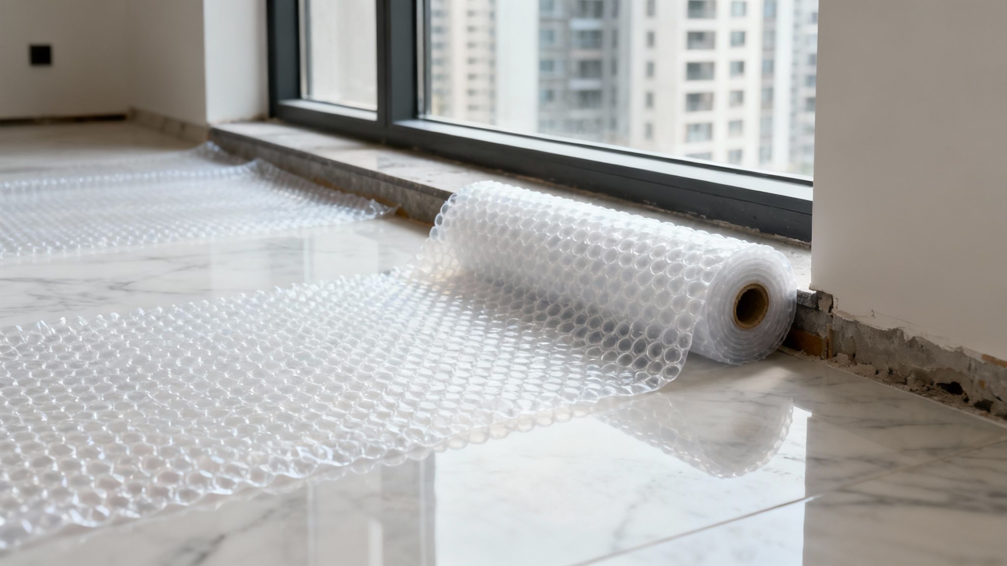 A roll of clear bubble wrap being unrolled on a marble floor, protecting it during renovation.