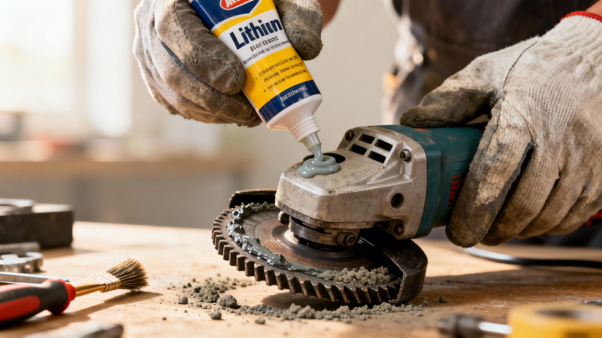 A gloved hand applies lithium grease from a tube onto a dusty angle grinder's gear blade.