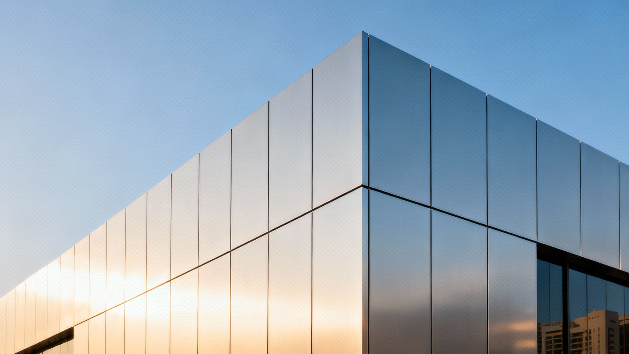 A modern building facade made of reflective aluminum panels, showing a sharp corner against a blue sky, reflecting golden light.