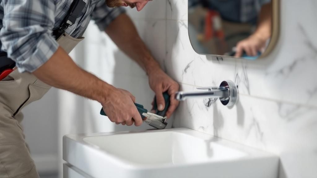 A man and woman discussing sanitary ware options in a modern showroom.