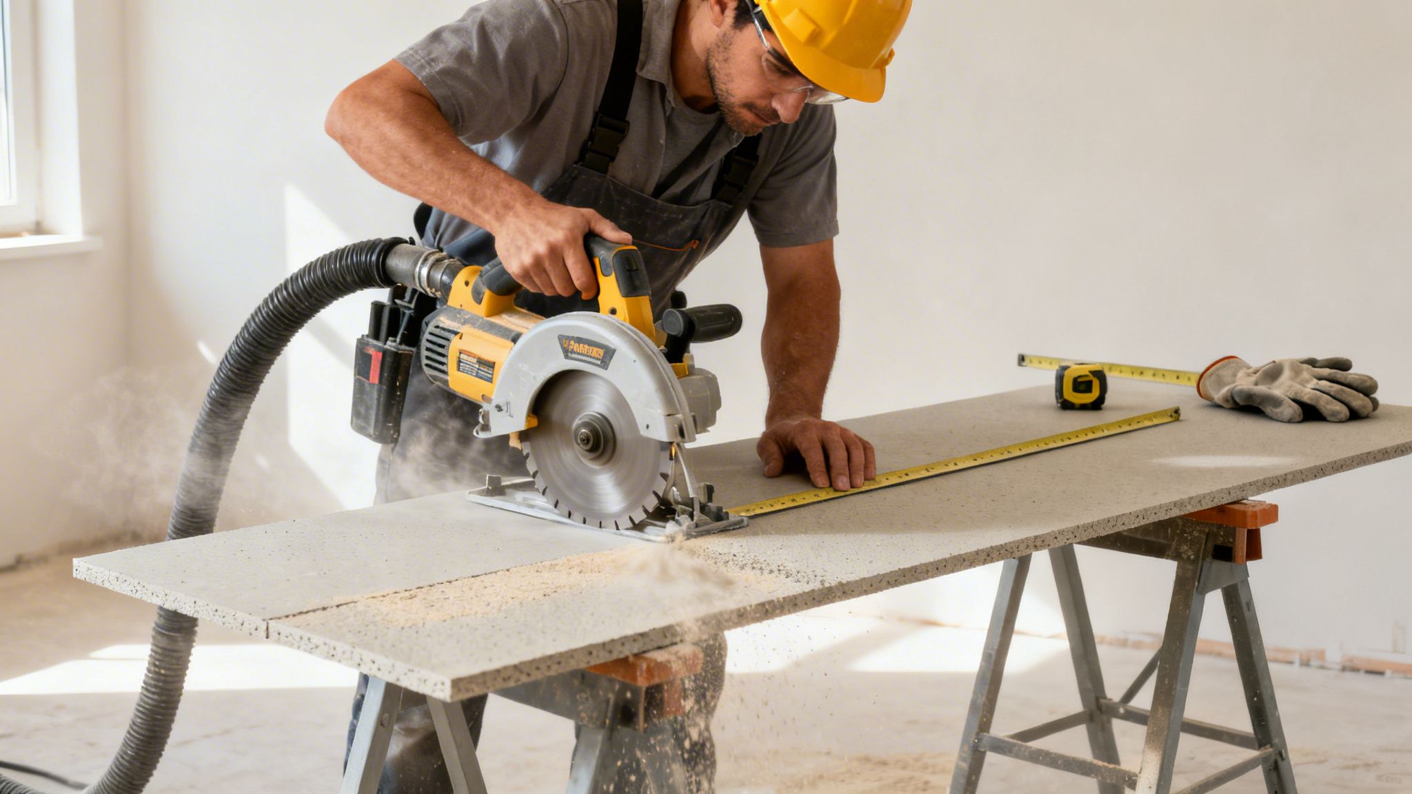 A construction worker wearing a hard hat and safety glasses cuts a fiber cement board with a circular saw, creating dust.