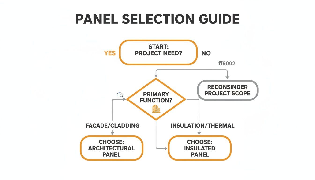 Flowchart guiding panel selection based on project need and primary function for architectural or insulated panels.