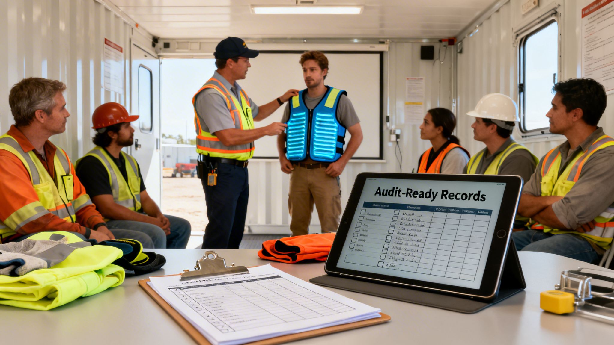 Construction workers in a portable office learning about a new illuminated safety vest during a training session.