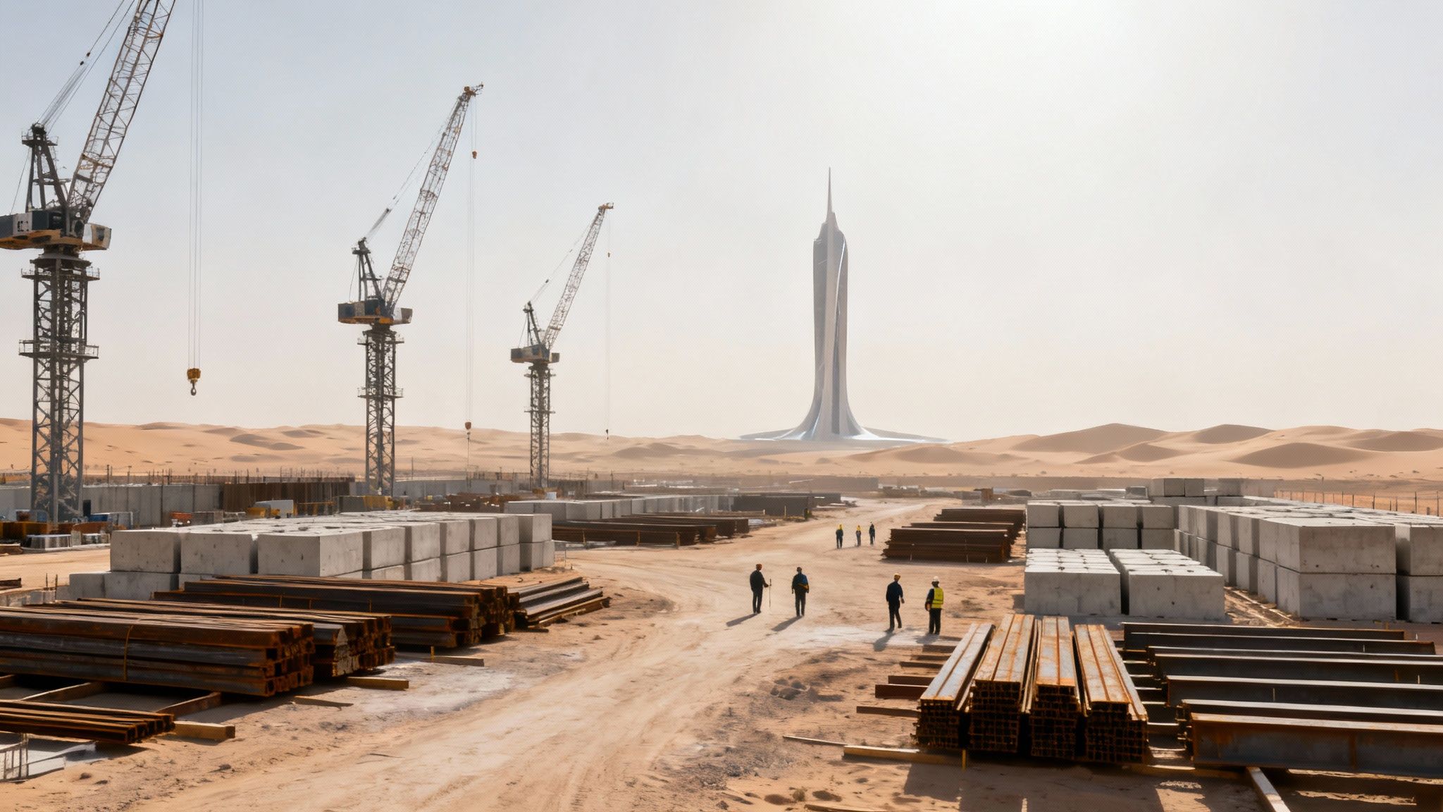A vast desert construction site with cranes, workers, building materials, and a futuristic skyscraper.