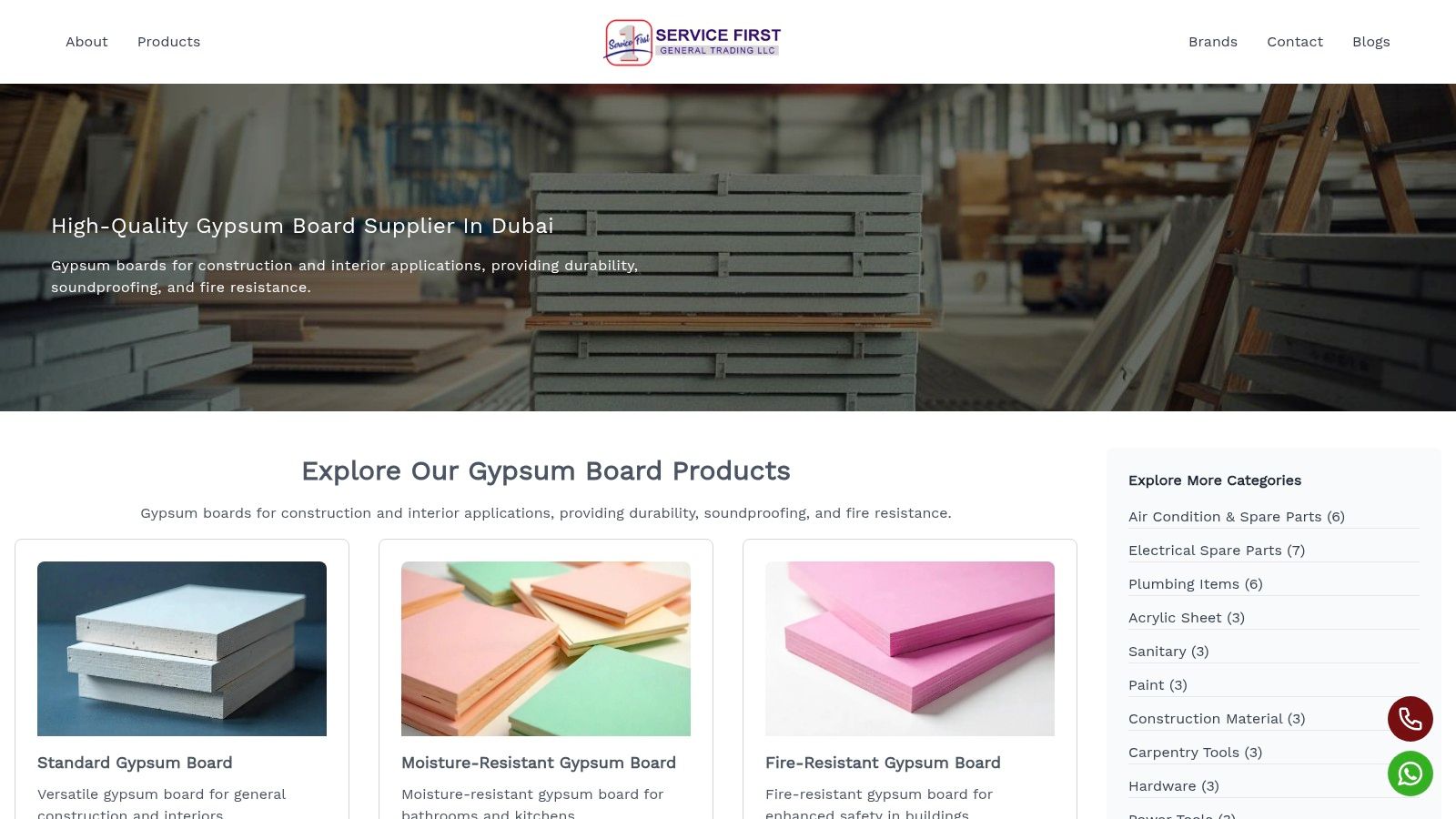 Service First website showing gypsum board offerings and contact details