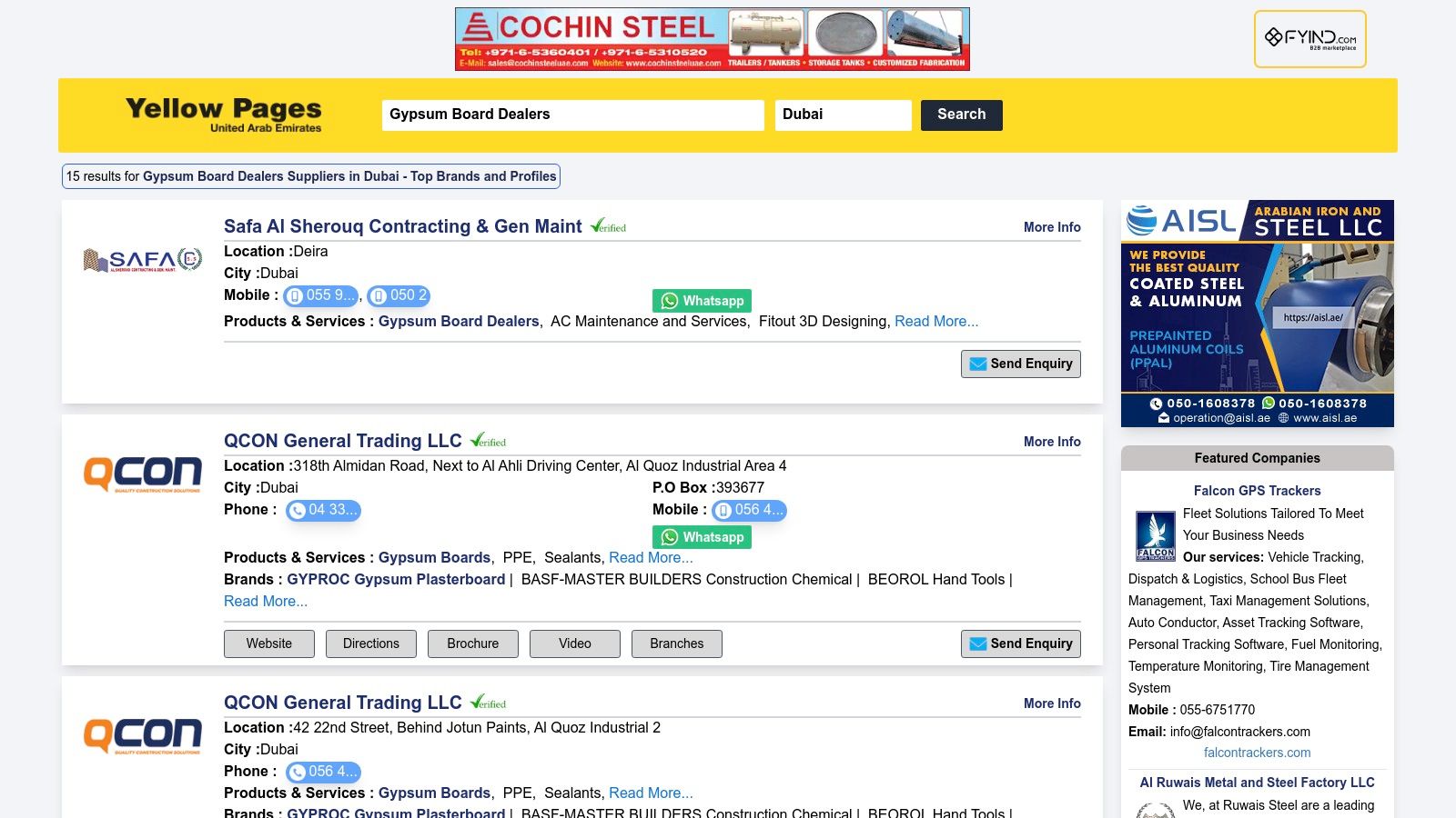 Yellow Pages UAE website showcasing a list of gypsum board suppliers