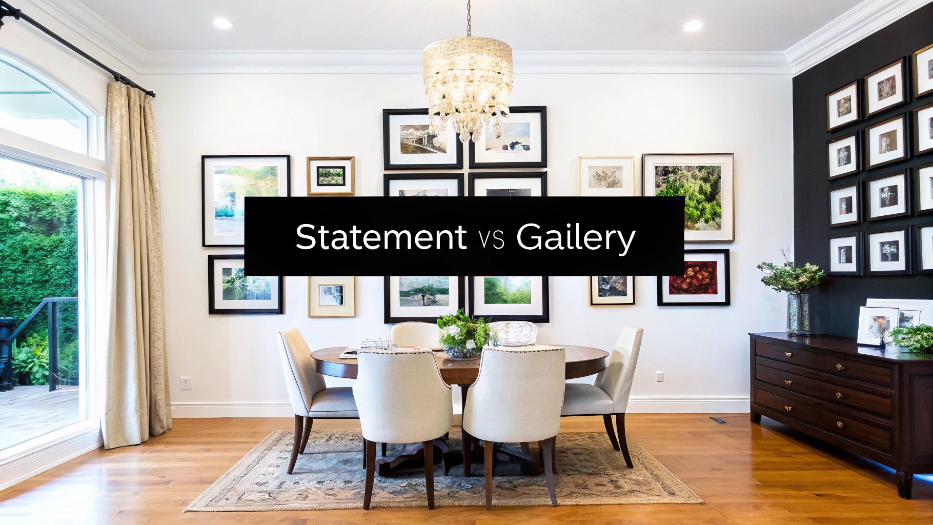 Modern dining room comparing statement wall art on white with a dark, organized gallery wall.