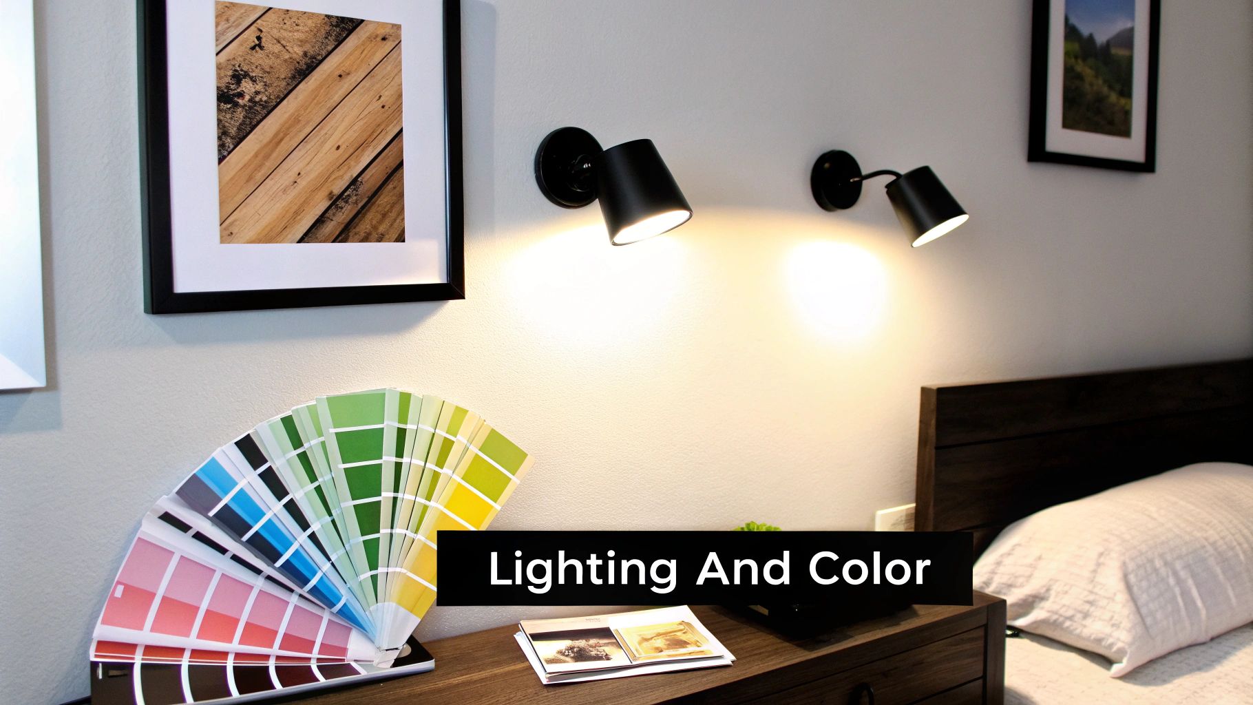 A modern bedroom featuring wall-mounted lights, a color swatch fan, and framed art enhancing the decor.