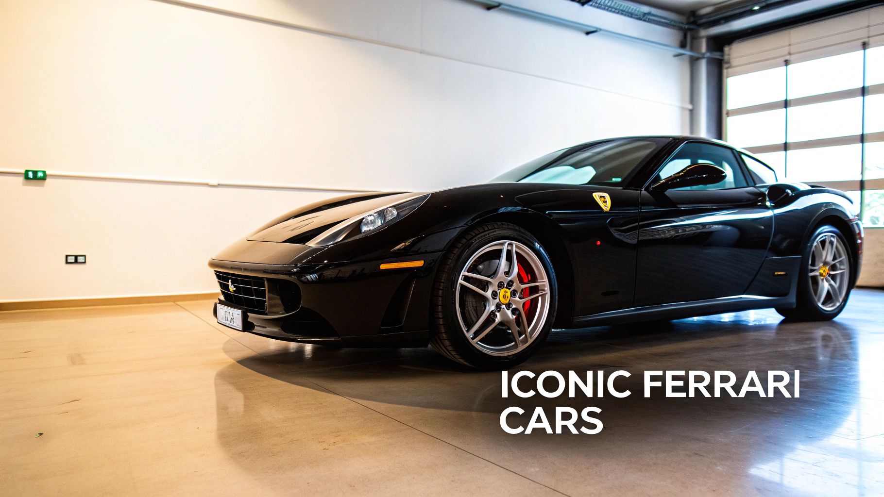 A sleek black Ferrari sports car is parked inside a brightly lit garage.