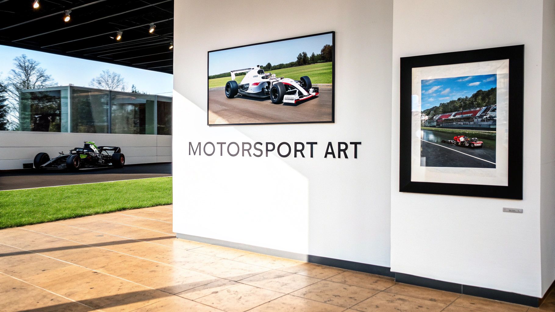 Exhibition space showcasing motorsport art with a green race car outside and framed images inside.