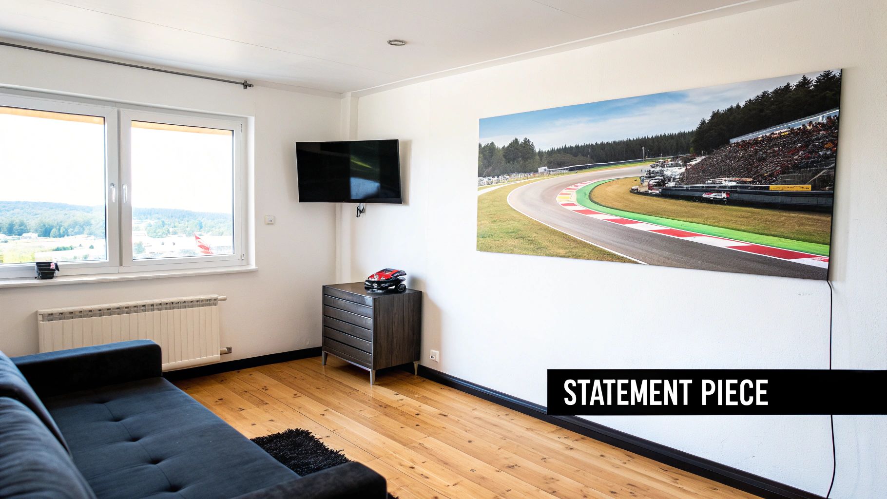 A modern living room featuring a large racing track poster, a wall-mounted TV, and a stylish dark sofa.