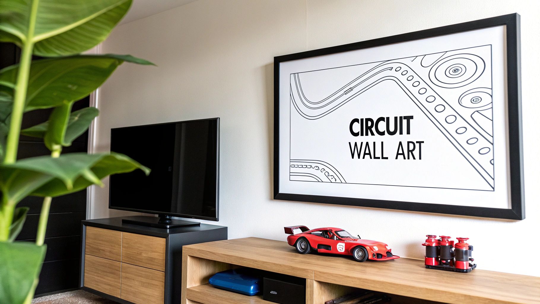 A living room featuring circuit wall art, a TV, and toy race car decorations on a wooden shelf.