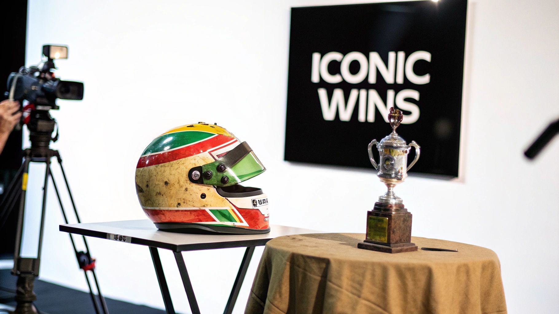 A worn racing helmet and a gleaming silver trophy displayed against an 'ICONIC WINS' sign.