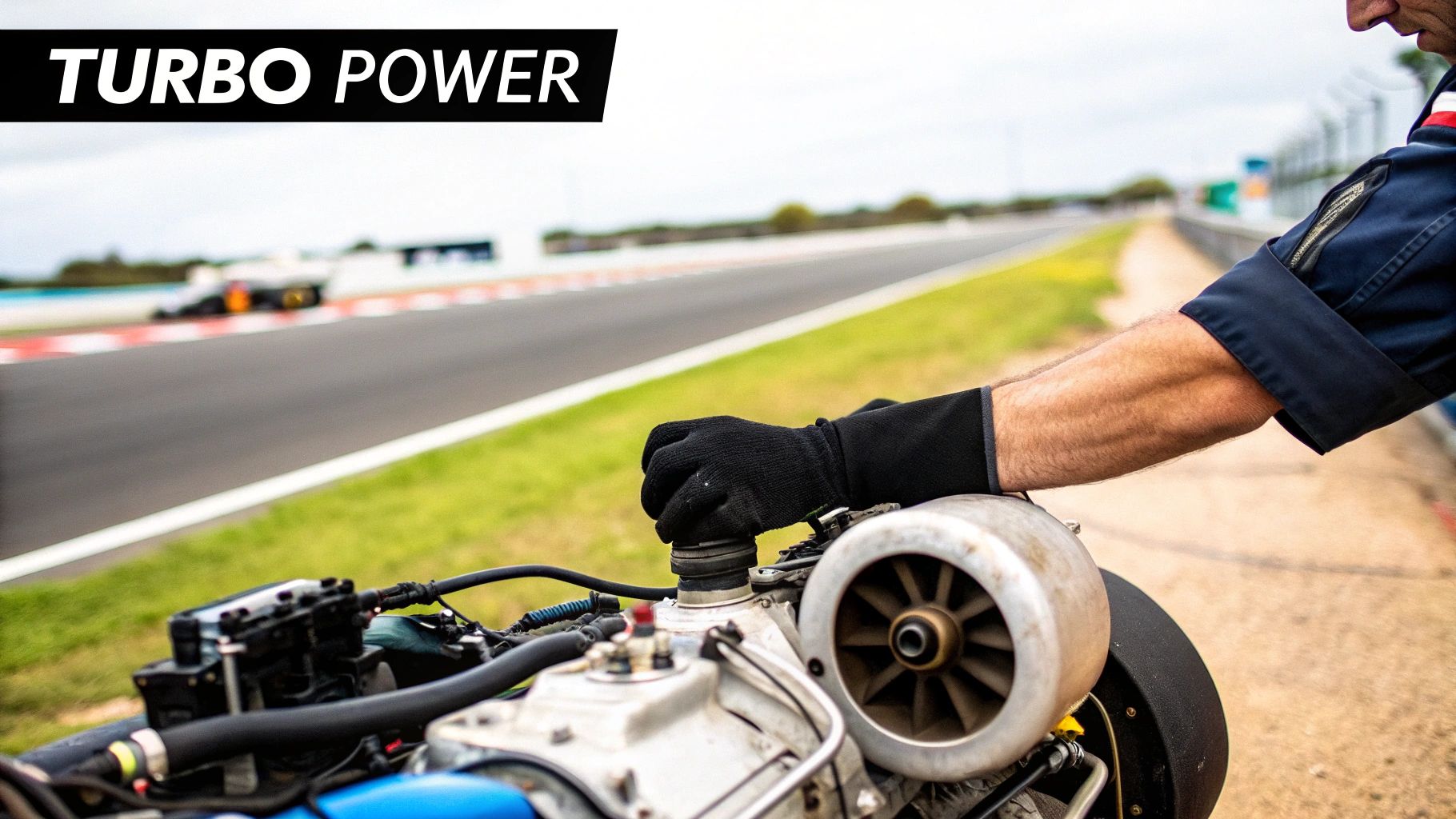A mechanic adjusts a turbo engine with a gloved hand, an F1 car races on a blurred track.