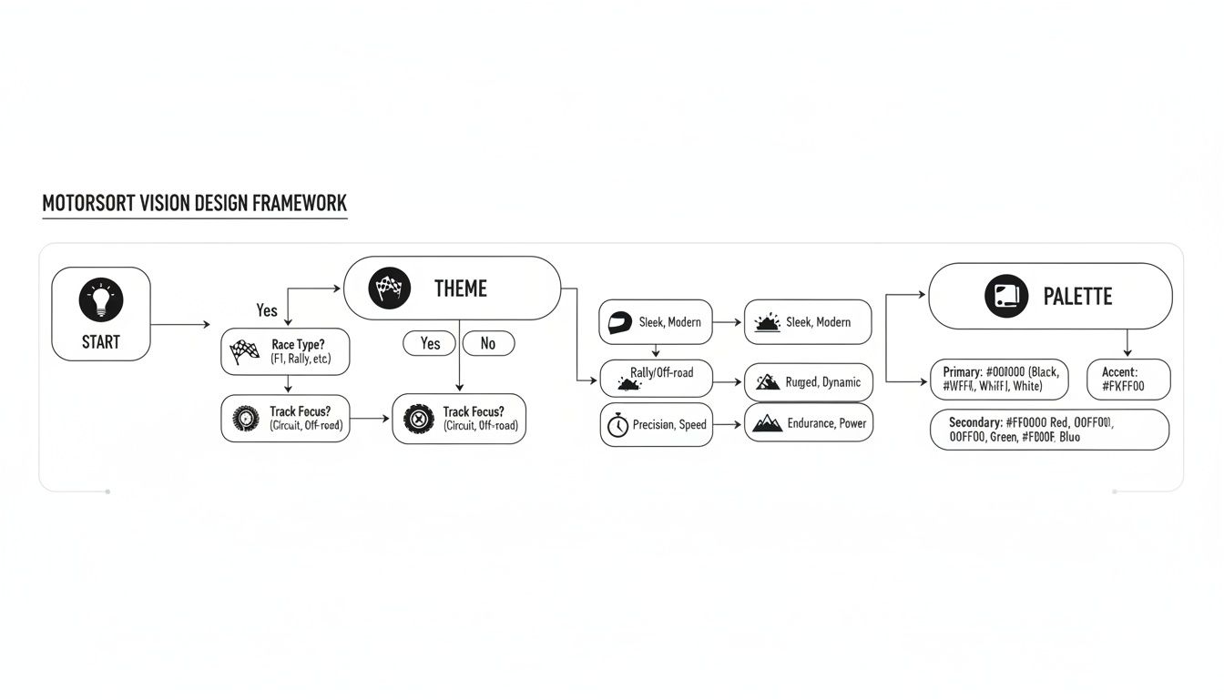 A Motorsort Vision Design Framework flowchart detailing theme, race type, and color palette selection.