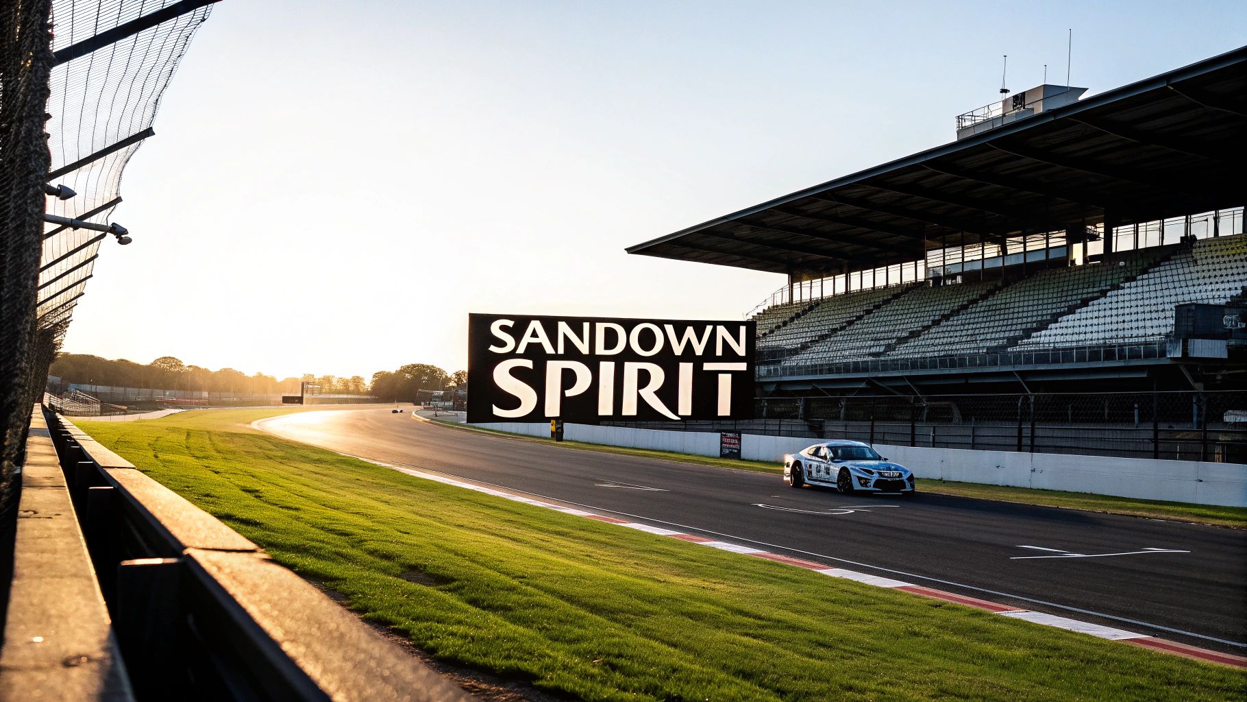 A race car on the Sandown International Raceway track with a large "Sandown Spirit" sign and a grandstand under a clear sky.