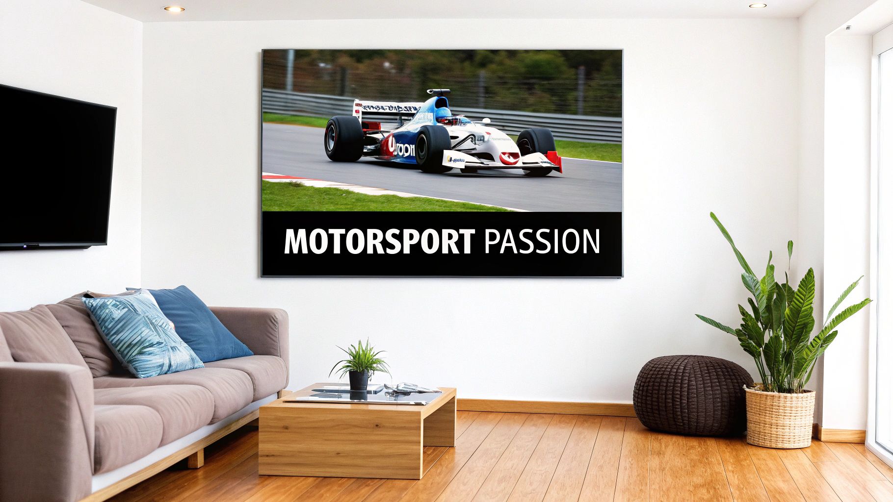 Large wall art featuring a white, blue, and red Formula 1 car on a race track in a modern living room.