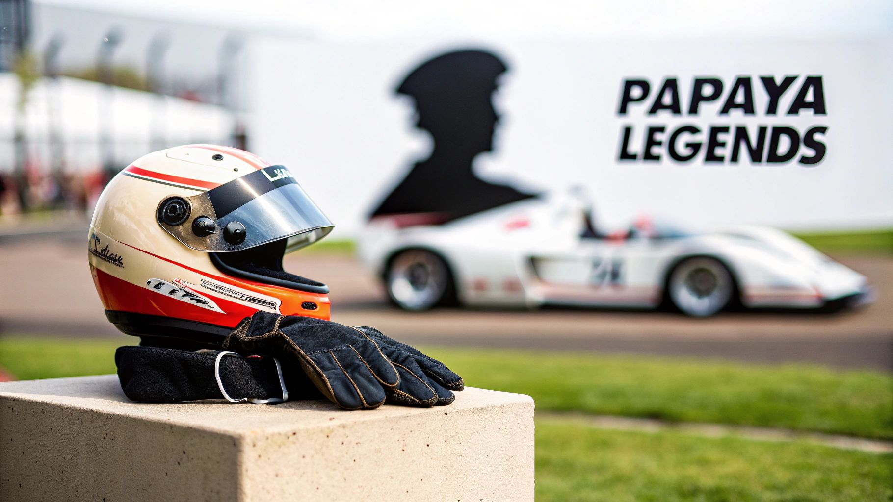 A cream and orange racing helmet and black gloves on a concrete block, with a blurred race car and “PAPAYA LEGENDS” sign.