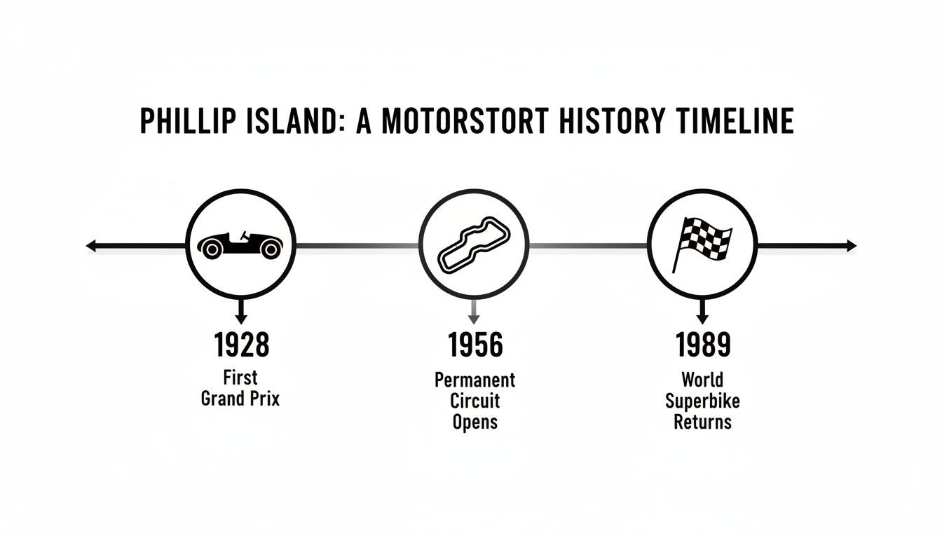 A timeline illustrating Phillip Island's motorsport history, highlighting key events in 1928, 1956, and 1989.