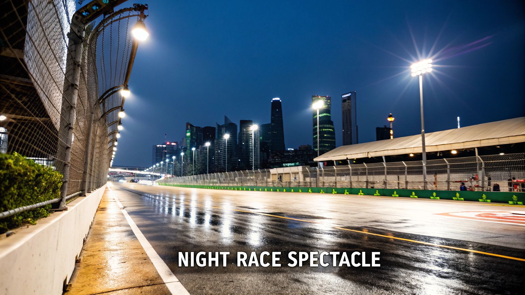 Wet night race track illuminated by brilliant floodlights, with a city skyline visible in the background.