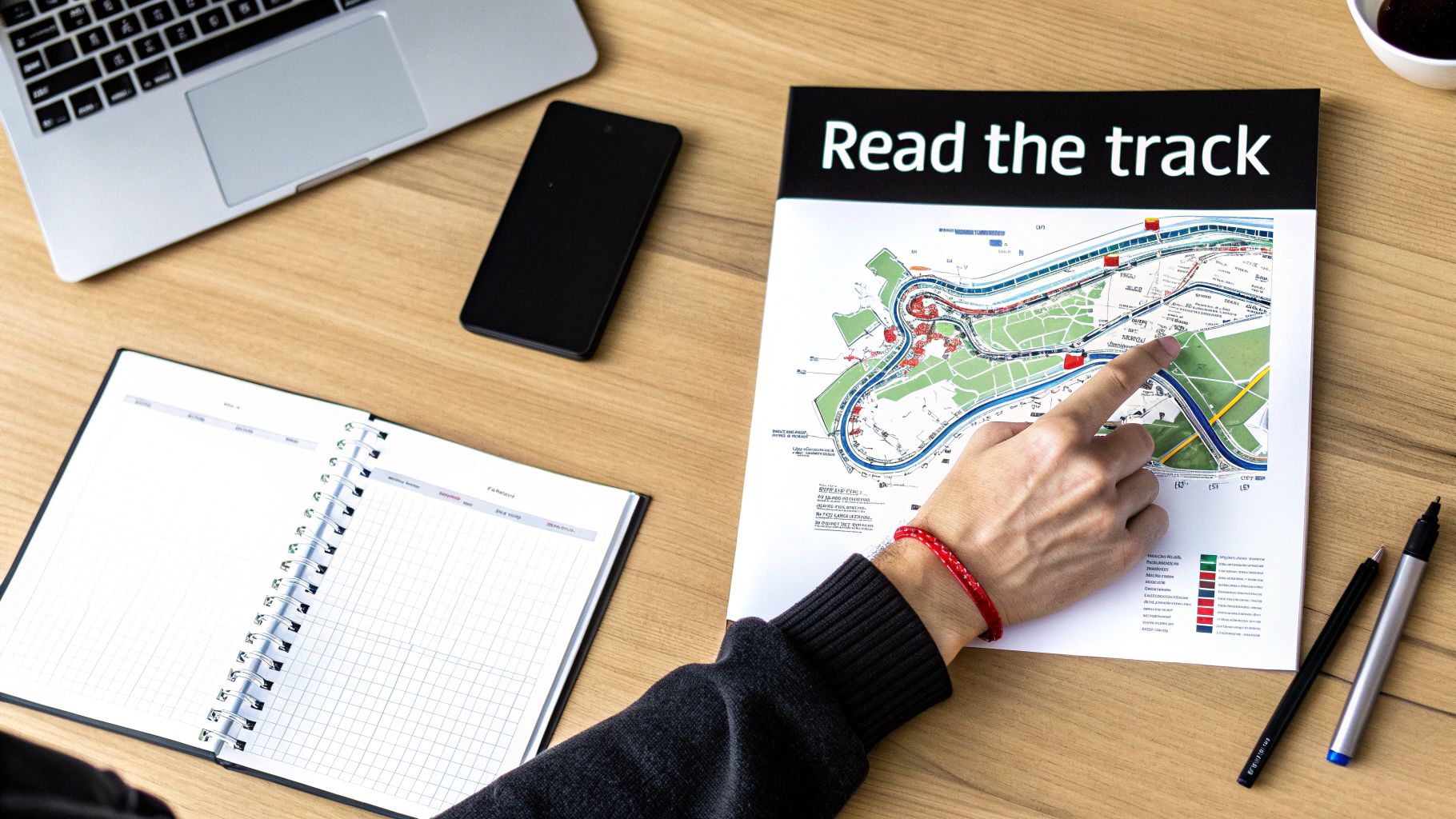 Overhead view of a person's hand pointing at an F1 circuit map on a wooden desk with a laptop and notebook.
