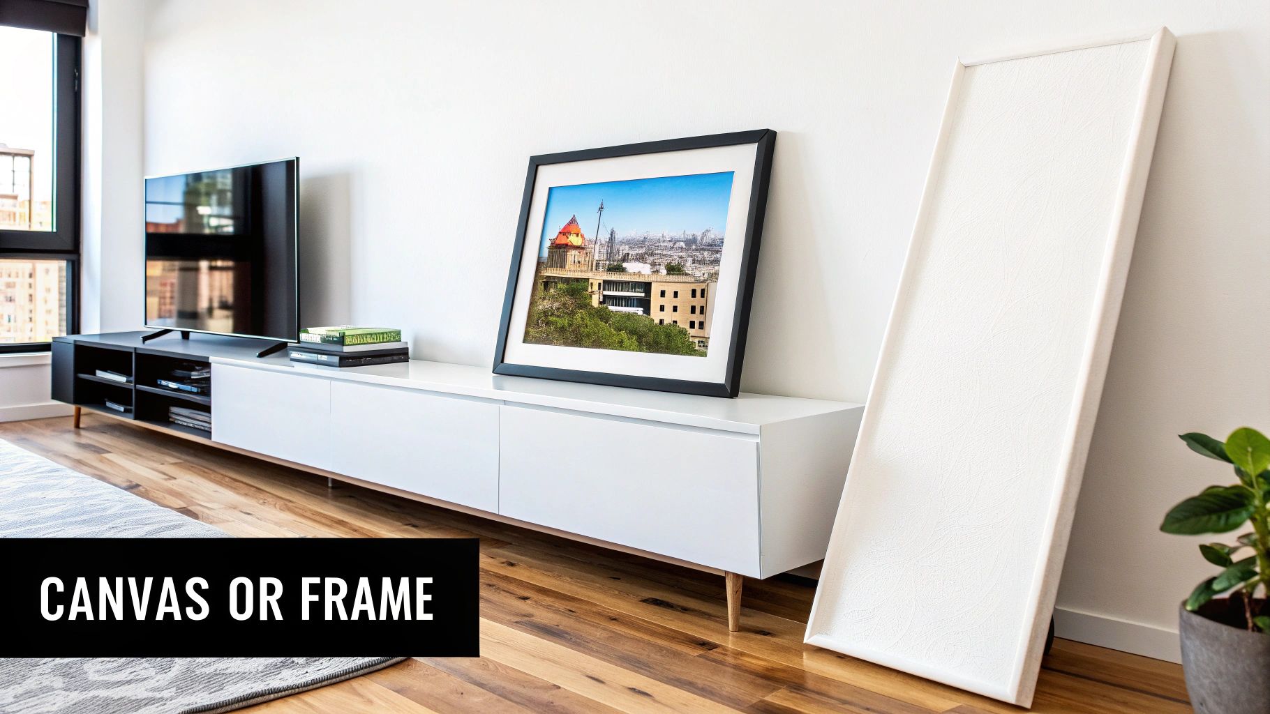 Modern room featuring a TV console, a framed landscape photo, and a tall blank white canvas.