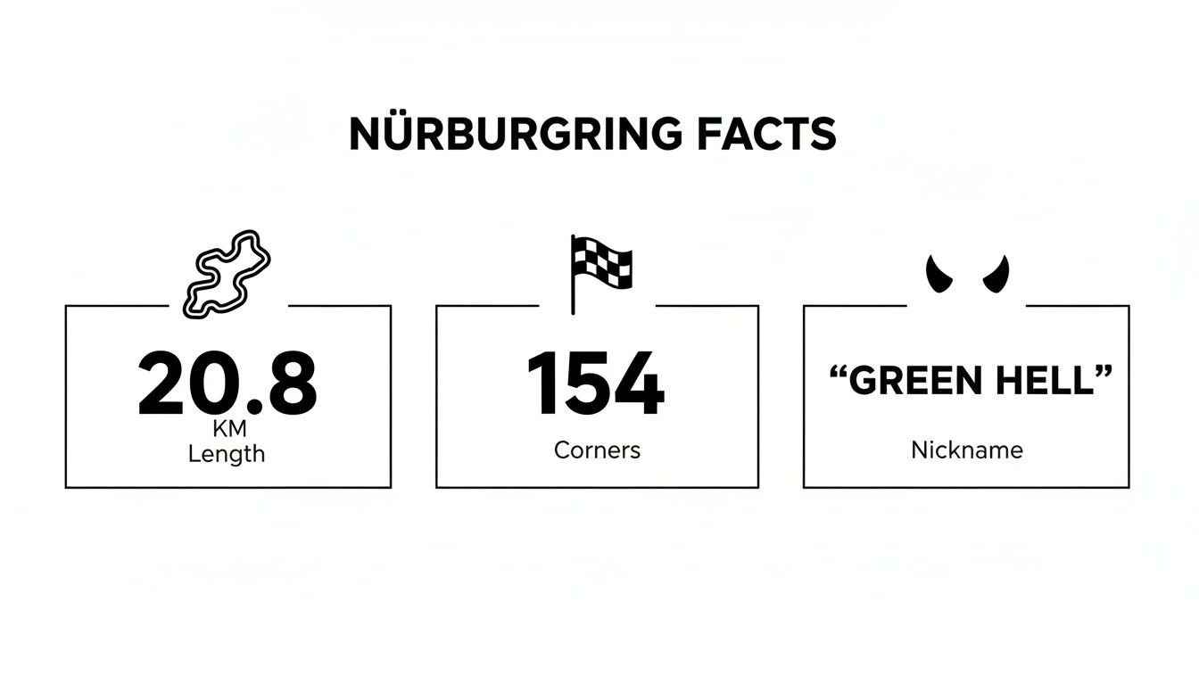 Infographic presenting Nürburgring facts: 20.8 km length, 154 corners, and 'Green Hell' nickname.