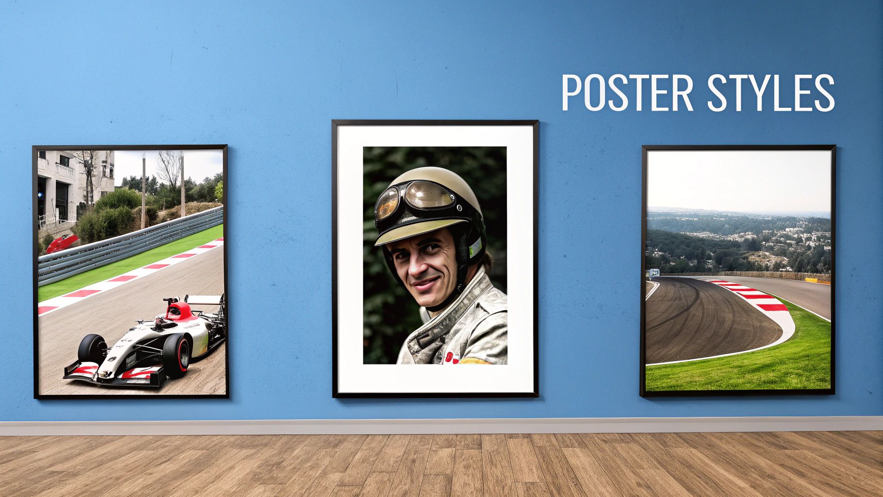 Three framed posters on a blue wall: a Formula 1 car, a man in a racing helmet, and a racetrack curve.