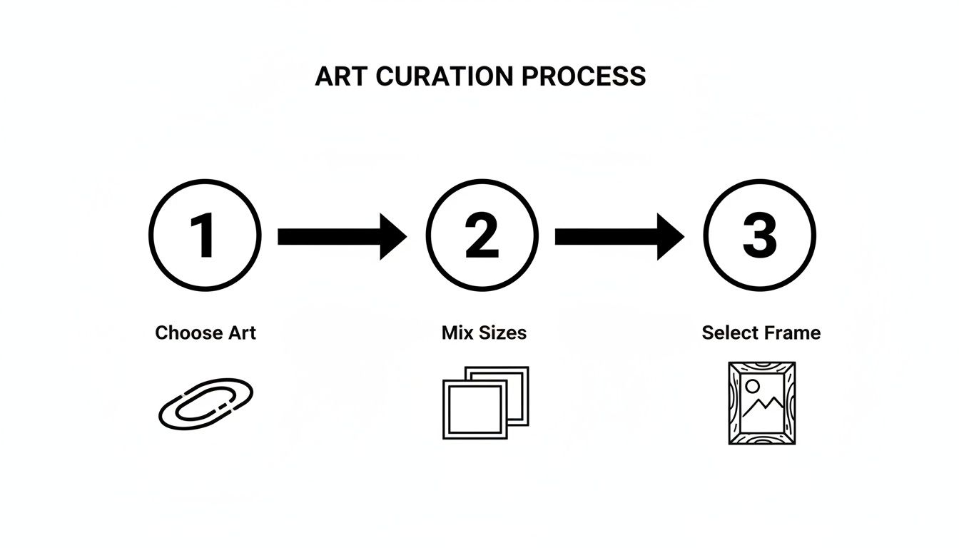 A diagram illustrates a three-step art curation process: choose art, mix sizes, and select frame.