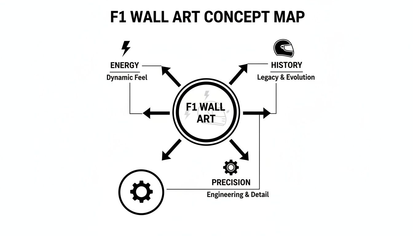 A concept map illustrating F1 wall art, detailing themes like energy, history, and precision.