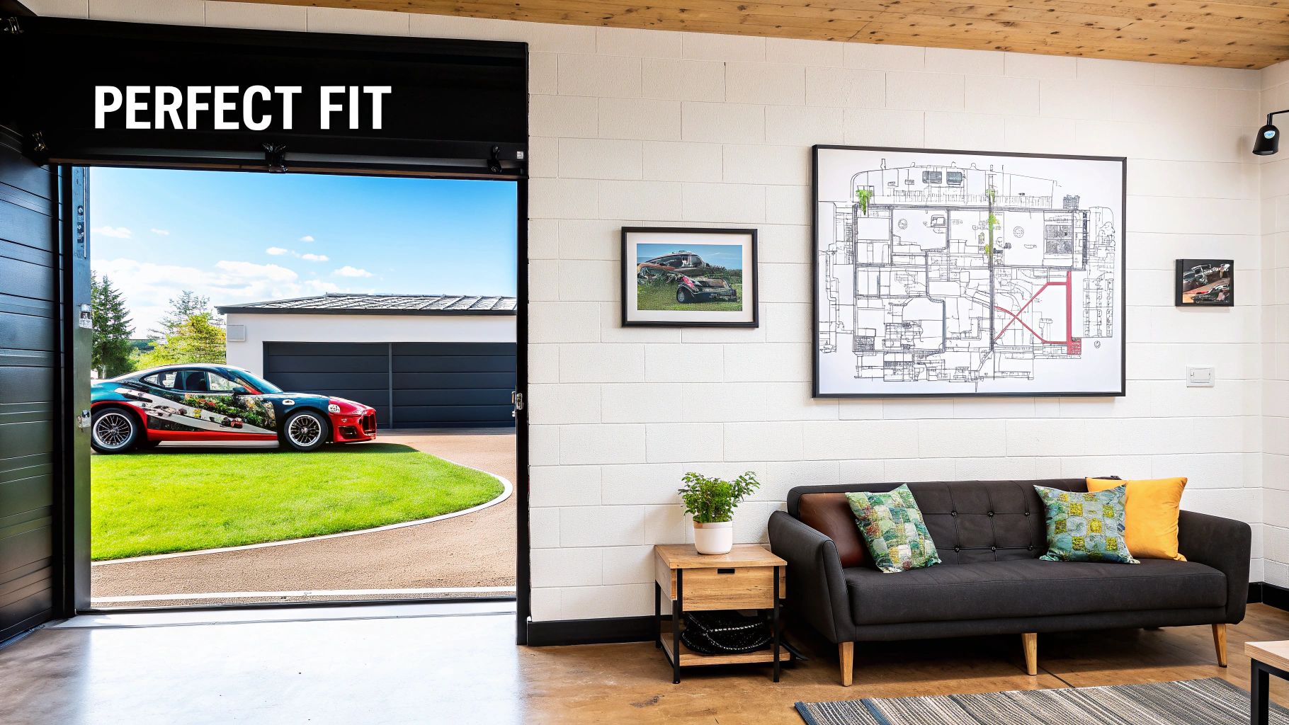 Modern garage interior with a sofa, framed art, and an open door revealing a colorful sports car.